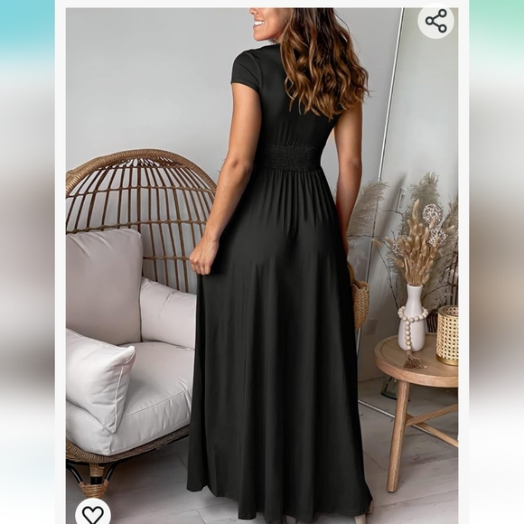 ANRABESS DeepV Neck Short Sleeve NWT Pleated High Waist Slit Maxi Dress Party S - Picture 5 of 16